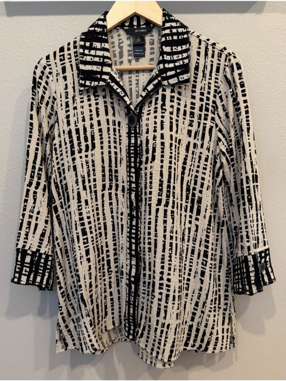 Ali Miles Button Up Patterned Collared Blouse Small Long Sleeves Artsy Lagenlook